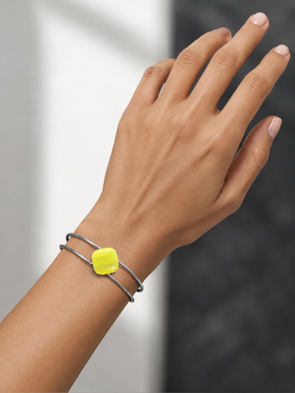 Neon Yellow Glass Stone Double-Bangle Bracelet